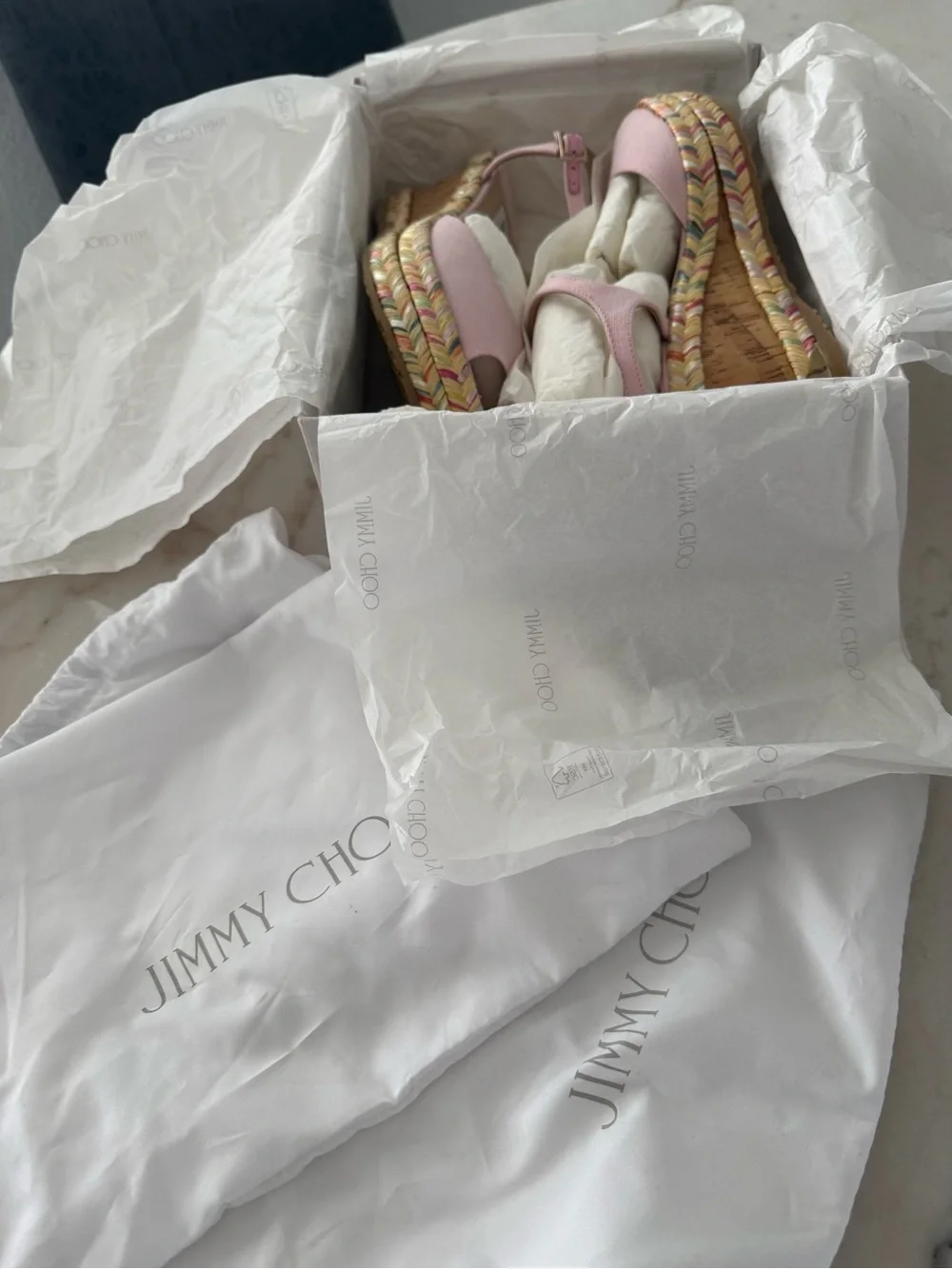 Jimmy Choo Perla 70 Pale Pink Espadrille Wedge Sandals